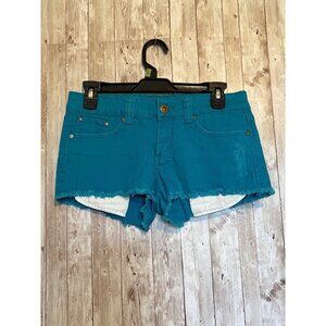 Forever 21 Women's Turquoise Teal Frayed Hem Denim Jean Mini Shorts Size 27